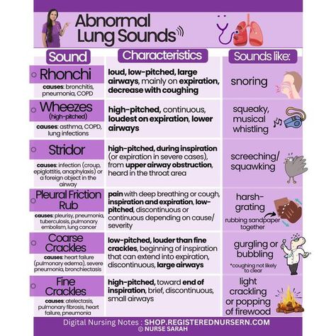 Registerednursern.com Breath Sounds Nursing, Lung Sounds Cheat Sheet, Breath Sounds Cheat Sheet, Lung Sounds Nursing, Oxygenation Nursing, Auscultating Lung Sounds, Ems Notes, Emergency Room Nursing, Respiratory Therapy Notes