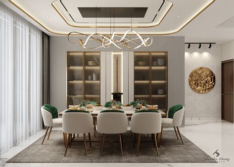 A modern luxury themed dining room with a crockery unit on the wall to enhance space and maximize the use of space in the dining room,ensuring a practical and functional yet stylish design. #Dining#diningroom#diningtable designs#interior#interiordesigns#luxuryinterior#luxurydinningtable Dining And Crockery Unit, Crockery Storage Cabinets Dining Rooms, Dining With Crockery Unit, Dining Room With Crockery Unit, Dining Table With Crockery Unit, Dinning Area Design Modern Wall, Luxury Crockery Unit Design, Crockery Unit Design Modern Dining, Luxury Crockery Unit Design Modern