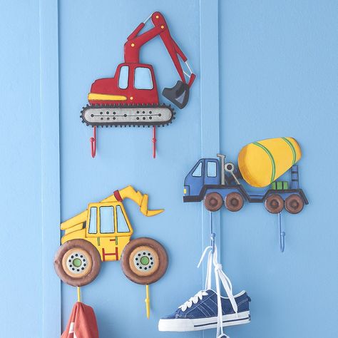 Construction Room For Boys, Boys Construction Room, Room For Boys, Thomas Bedroom, Kids Wall Hooks, Construction Room, Construction Bedroom, Hunter Room, Truck Room