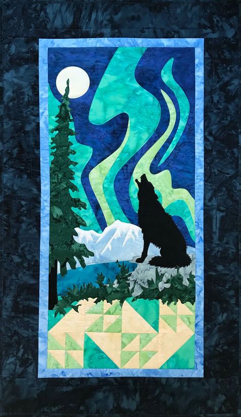 Northern Lights Quilts, Wolf Quilt, Wildlife Quilts, Moonlight Serenade, Wolf 3d, Landscape Art Quilts, Row Quilt, Landscape Quilt, Gray Wolf