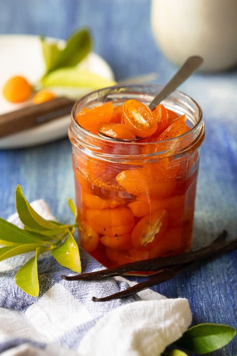 Bring some sweet-tart citrusy goodness to your dessert table with this super-easy Candied Kumquat recipe! You'll only need 4 simple ingredients (one of which is water) and less than 20 minutes of active time. Use them to garnish salads, savory dishes, and your favorite desserts! Caramel Sauce With Milk, Diy Caramel Sauce, Candied Kumquats, Kumquat Recipes, Boozy Chocolate, Lactose Free Milk, Candied Orange Peel, Savory Dishes, Sweet Tart