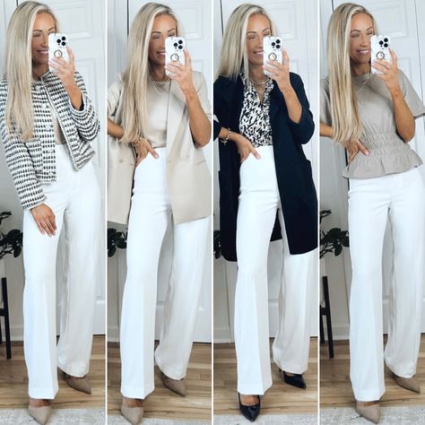 Work Outfits Women White Pants, White Pants Outfit Work, White Pants Work Outfit, Ivory Pants Outfit, White Pants Outfit Spring, White Pants Outfit Winter, White Work Pants, Work Closet, Claire Underwood