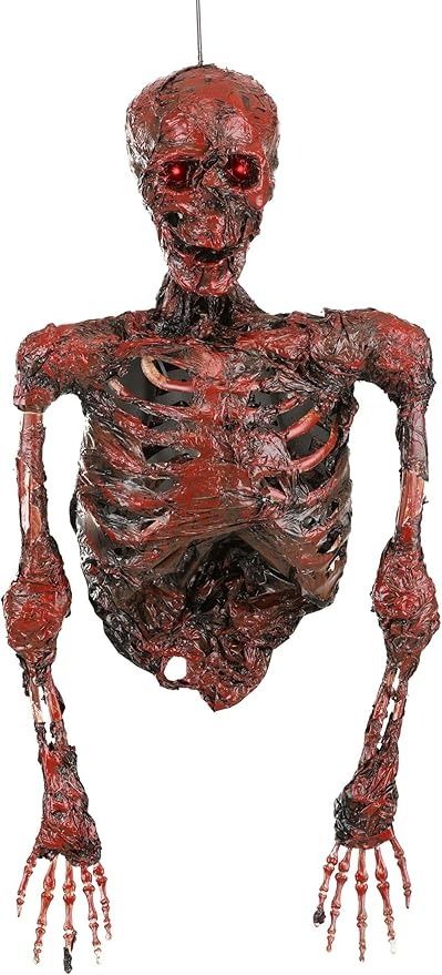 Amazon.com: Fun Costumes Hanging Red Half Skeleton Halloween Outdoor & Indoor Decoration, Light-Up LED Eyes Battery Operated Yard Display Decor : Home & Kitchen Eyes Halloween Decoration, Half Skeleton, Creepy Halloween Props, Posable Skeleton, Horror Crafts, Eyes Halloween, Skull Wreath, Halloween Wood Crafts, Scary Decorations