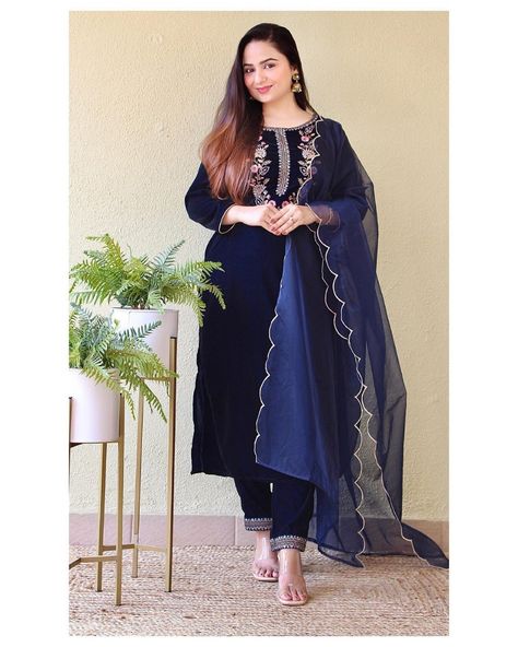 Navy Blue Velvet Suit, Blue Velvet Suit, Velvet Kurta, Pakistani Kurta, Winter Wear Women, Readymade Salwar Kameez, Indian Blue, Navy Blue Velvet, Velvet Suit