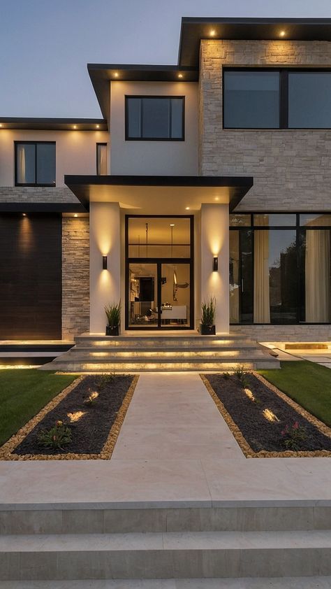 Luxurious Home Aesthetic, Front Of Homes Ideas, House Inspiration Exterior Modern, Villa Outside Design, Two Story House Design Exterior, Small House Design Ideas Exterior, Luxury Cozy House Exterior, New Home For Vision Board, Contemporary Two Story House Exterior