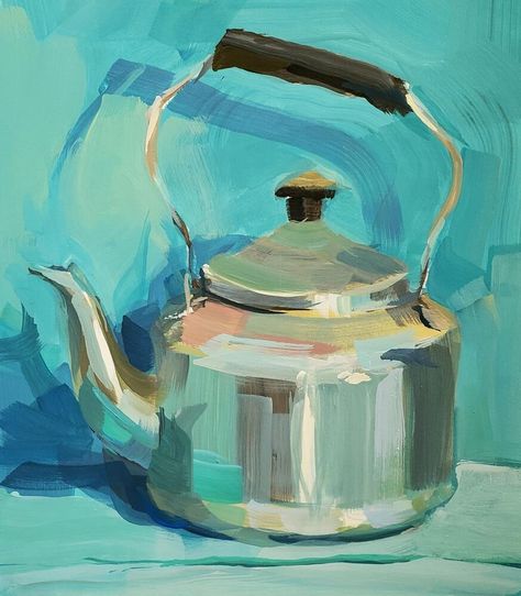 "Short and Stout" by Temple Moore Tea Kettle Drawing, Tea Kettle Painting, Tea Pot Still Life, Teapot Still Life, Kettle Painting, Teapot Painting, Thick Painting, Contemporary Still Life, Kitchen Painting