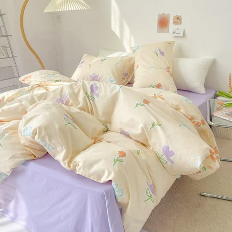 Danish Pastel Bedding, Pastel Yellow Bedroom, Cotton Bedding Set, Cute Bedroom Ideas, Pastel Room, Cartoon Flowers, Cotton Bedding Sets, Cute Bedroom Decor, Cute Room Ideas