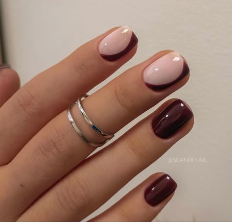 Solid And French Nails, Simple Manicure Design For Short Nails, Short Nails For Doctors, Short Fall Design Nails, Short Gel Nails Maroon, Black Maroon Nails, Autumn Nail Designs 2024 Short, Fall Nails Short Design, Natural Nails Manicure Design