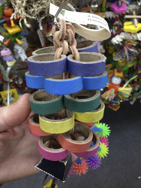 Make parrot toy with rolls of coloured tape on a rope. Toys For Parrots, Vintage Bird Cage Decor, Conure Cage, Diy Parrot Toys, Parrot Foraging Toys Diy, Homemade Bird Toys Budgies, Homemade Bird Toys, Cockatoo Toys, Rat Cage Accessories