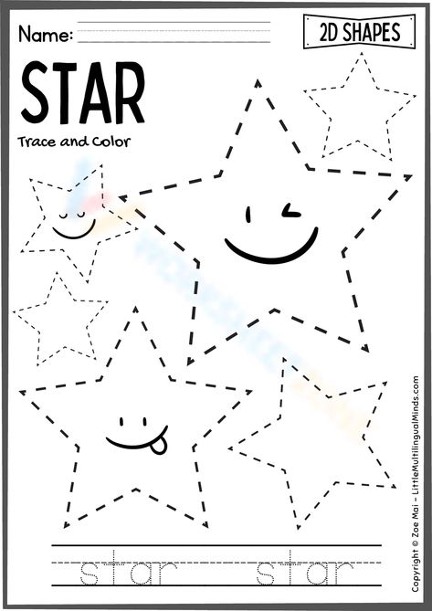 Planets Tracing Worksheet, Star Worksheet Preschool, Star Tracing, Star Worksheet, 2d Shapes Names, Color Worksheet, Space Preschool, Trace And Color, Worksheet Preschool