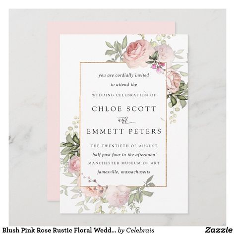 Blush Pink Rose Rustic Floral Wedding Invitation Rustic Floral Wedding, Rose Gold Wedding Invitations, Floral Save The Dates, Quinceanera Invitations, Floral Wedding Invitation, Rehearsal Dinner Invitations, Gold Wedding Invitations, Engagement Party Invitations, Floral Invitation