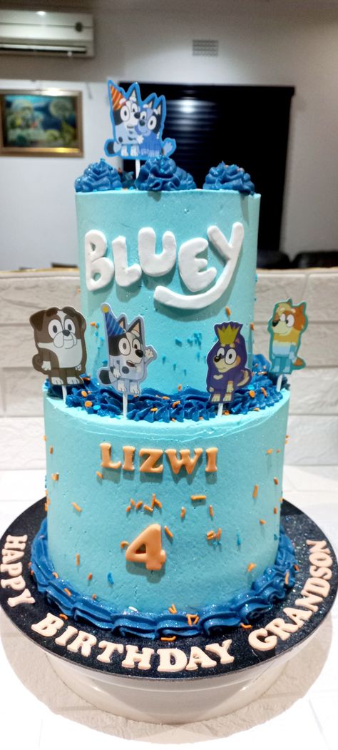 Bluey 2 tier cake with chocolate ganache filling Bluey Cake Ideas, Happy Birthday Grandson, Cake With Chocolate Ganache, Ganache Filling, Chocolate Ganache Filling, 2 Tier Cake, Tier Cake, Cake Decor, Chocolate Ganache