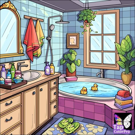 Bathroom Drawing Aesthetic, Bathroom Background Drawing, Cute Bathtub Drawing, Isometric Bathroom Illustration, Cat In Bathroom Drawing, Bathroom Drawing, Bathroom Cartoon, Picture Description, Background Noise