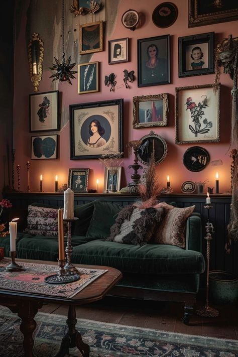 Romantic Goth Decor Interior Design, Pink Goth Living Room, Pink Gothic Decor, Modern Gothic Home Decor Ideas, Romantic Goth Living Room, Maximalism Home Decor, Soft Goth Decor, Dark Romantic Decor, Gothic Office Ideas