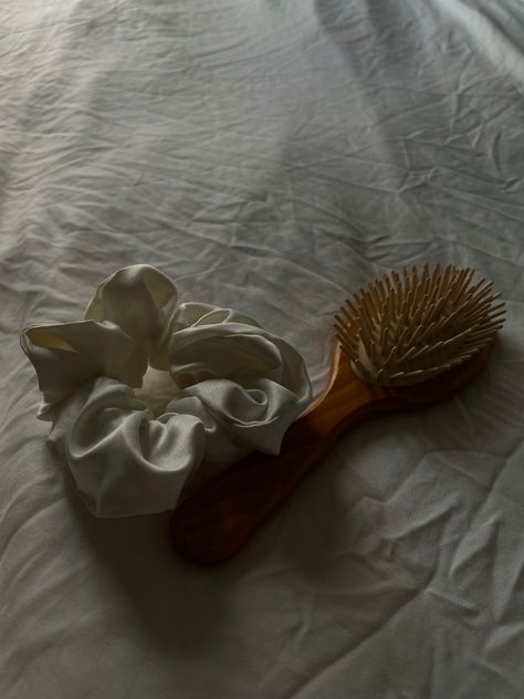 Wooden brush and silky scrunchy Wooden Hair Brush Aesthetic, Scalp Massage Aesthetic, Brush Hair Aesthetic, Wooden Brush Hair, Scalp Massager Aesthetic, Wood Hair Brush, Brushing Hair Aesthetic, Hair Growth Aesthetic, Selfcare Tools