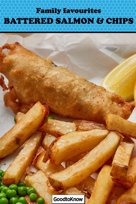 This timeless dish has had a makeover, using fresh salmon. We call this classy fish and chips! This battered salmon and chips recipe will soon become a family favourite, much like the true holiday staple. why not try giving it a go at home with this recipe for battered salmon and chips? You don’t need masses of ingredients and you can prepare the batter ahead of time. Try using sustainably sourced white fish, if you don’t like salmon. #fishandchips #homemadebatteredfish #fridaytakeaway #family Battered Salmon Recipes, Salmon Fish And Chips Recipe, Beer Battered Salmon, Salmon Fish And Chips, Battered Salmon, November Dinners, Fish N Chips Recipe, Pasta Bake Easy, Beer Battered Fish