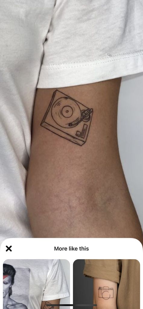 Turn Table Tattoo, Vinyl Tattoo Minimalist, Record Player Tattoo Simple, Ipod Tattoo, Music Tattoo Simple, House Music Tattoo, Music Tattoo Minimalist, Cd Tattoo, Vinyl Record Tattoo