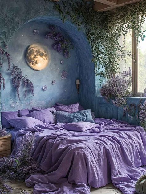 Exquisite Witchy Bedroom Ideas to Create the Perfect Sacred Nest - The Mood Guide Whimisgoth Aesthetic, Esoteric Bedroom, Whimsigoth Bedroom Aesthetic, Dark Witch Aesthetic Bedroom, Blue And Purple Bedroom Ideas, Moody Purple Bedroom, Witch Bedroom Aesthetic, Fairy Beds, Room Decor Bedroom Diy