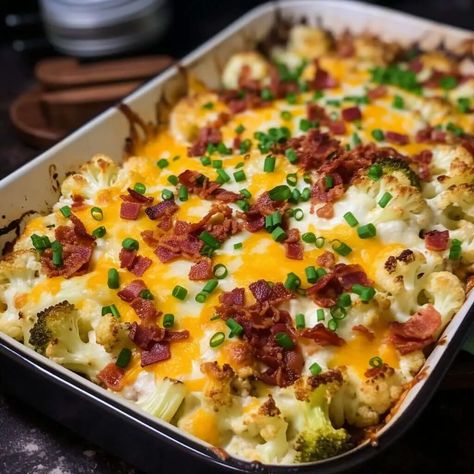 Loaded Cauliflower Bake - Life with Susan Potatoes Delmonico, Crockpot Barbecue, Loaded Cauliflower Bake, Parmesan Rice, Turtle Candy, Chicken Fritters, Crescent Bake, Cauliflower Bake, Loaded Cauliflower Casserole