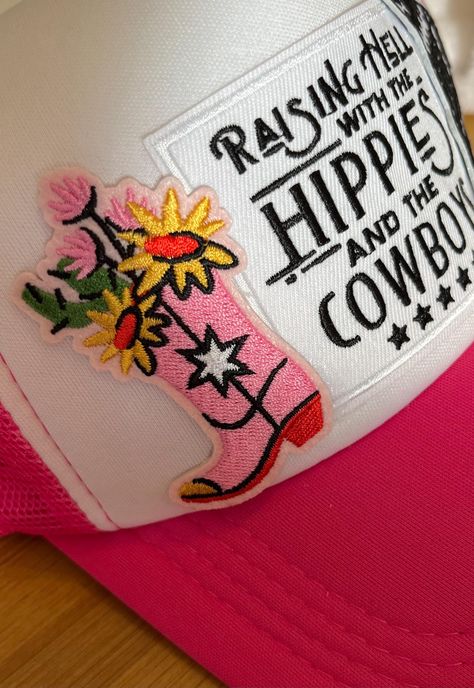 Hot pink trucker hat, with hippies and cowboys patch, accent patches and matching pin. Hippies And Cowboys, Pink Trucker Hat, Trucker Cap, Caps Hats, Trucker Hat, Accessories Hats, Hot Pink, Hats, Pink