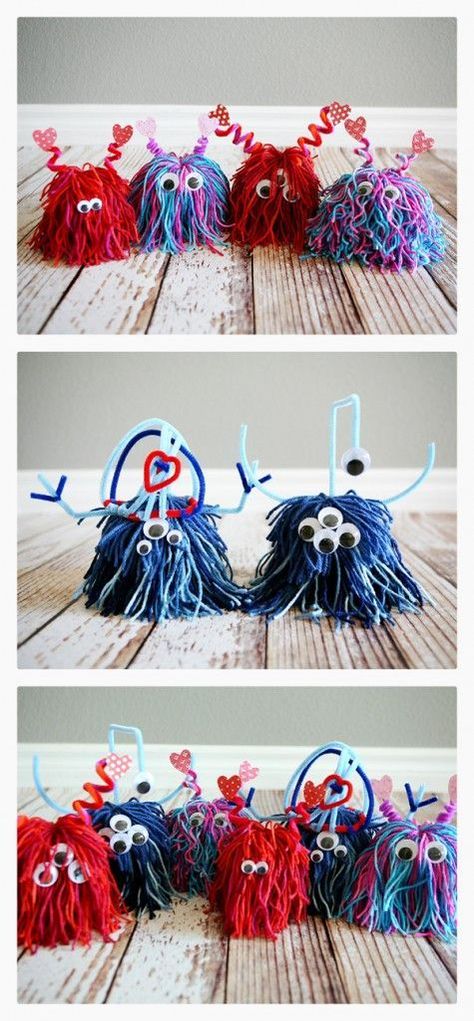 lil love monsters. Valentine's Day craft that all the kids LOVE! Yarn Monsters, Love Monsters, Monster Craft, Valentinstag Party, Valentine's Day Crafts For Kids, Love Monster, Valentine Projects, Craft Day, Diy Spring