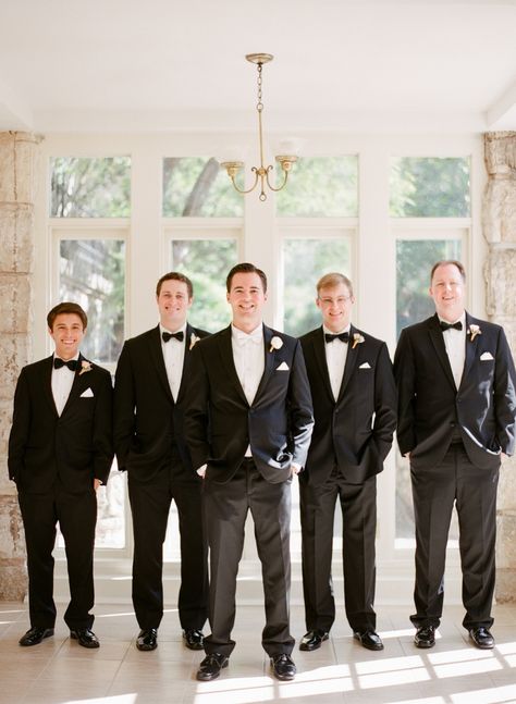 Photography: Taylor Lord - www.taylorlord.com  Read More: http://www.stylemepretty.com/2014/06/03/timeless-austin-wedding-at-chateau-bellevue/ White Bow Tie Groom, White Jeans For Men, Of White Dress, Groomsman Attire, White Tuxedo Wedding, Suits Groom, Groom And Groomsmen Suits, Grooms Party, Wedding Tux