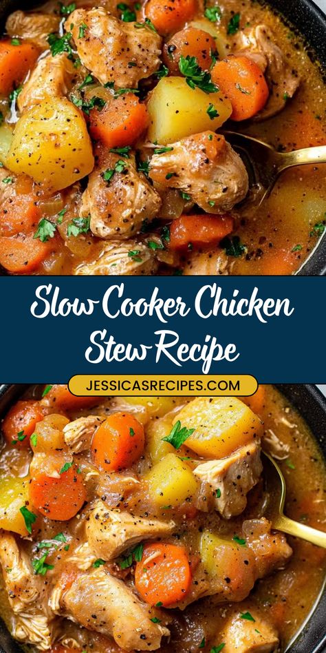 This Slow Cooker Chicken Stew is the ultimate comfort food!  Tender chicken, hearty vegetables, and a rich, flavorful broth make this stew a family favorite.  Just set it and forget it! Get the full recipe on our blog! #slowcookerchickenstew #chickenstew #stewrecipe #comfortfood #easyrecipe #dinnerideas #slowcookerrecipes #crockpotrecipes #recipeblog #homemade #heartymeals #chickenrecipes #winterrecipes Slow Cooker Chicken Stew, Stew Chicken Recipe, Chicken Stew, Slow Cooker Soup, Ultimate Comfort Food, Tender Chicken, Slow Cooker Chicken, Chicken Tenders, Hearty Meals