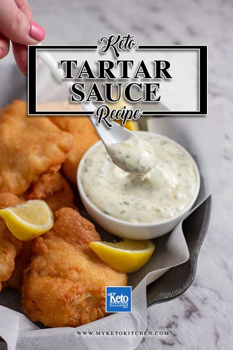 The BEST EVER Keto Tartar Sauce - QUICK Homemade Recipe. This low carb condiment recipe is quick and easy to make. It's high in fat and high on flavor. Perfect served with seafood, it's healthy and paleo. #ketorecipes Keto Tartar Sauce Recipe, Keto Tartar Sauce, Low Carb Tartar Sauce, Keto Condiments Recipes, Recipe For Tartar Sauce, Keto Gravy, Keto Sauce, Keto Condiments, Keto Dips