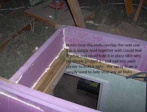 a diy attic hatch option, home maintenance repairs, how to, It really isn t that difficult to cut or notch around any obstructions You can easily see how we left the end pieces long to overlap the sides which were attached with Liquid Nail Attic Library, Attic Decor, Garage Attic, Attic Office, Attic Renovation Ideas, Attic Doors, Attic Ladder, Attic Playroom, Attic Loft