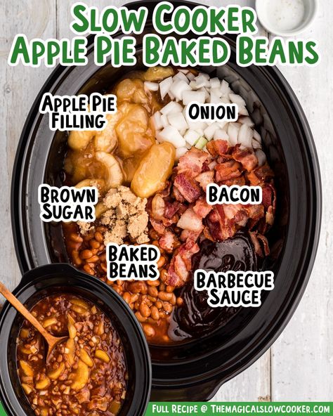 These Slow Cooker Apple Pie Baked Beans are the perfect side dish to make for your 4th of July party or enjoy with any summertime meal. Baked beans, apple pie filling, barbecue sauce, and just a few other ingredients are thrown together in the crockpot and slowly simmered for a unique side. - The Magical Slow Cooker Crockpot Baked Beans For A Crowd, Baked Beans Apple Pie Filling, Smoked Baked Beans With Apple Pie Filling, Apple Pie Beans, Best Baked Beans Crockpot, Slow Cooker Pie, Baked Beans With Apple Pie Filling, Baked Beans Meal Ideas, Apple Baked Beans