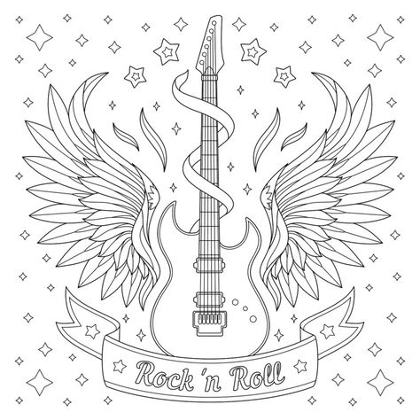 Rock And Roll Coloring Pages, Roll Banner, Guitar Drawing, Pics To Print, Page Illustration, Amazing Drawing Ideas, Colored Pencil Drawing Ideas, Free Coloring Pages For Kids, Pencil Drawing Ideas