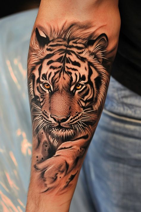 Tiger tattoo on a person's forearm with detailed shading and realistic design. Male Tiger Tattoo, Tiger Tattoo Design Men, Korean Tiger Tattoo, Fierce Tiger Tattoo, Arm Tattoos Tiger, Tiger Tattoo Ideas, Tiger Outline, Tiger Tattoo Designs, Tiger Paw Print