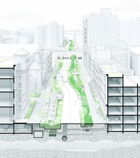 Getting Real About Sea Level Rise: Landscape Architecture, Policy, and Finance – THE DIRT Axonometric Diagram Landscape, City Section Architecture, Streetscape Section, Sea Level Rise Architecture, Street Landscape Design, Urban Section, Streetscape Architecture, Landscape Section, Landscape Architecture Section