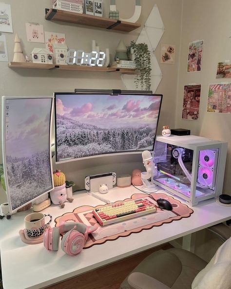 cozygaming nintendoswitch kawaii cozygamer desksetup gamingsetup setup flatlay gamingflatlay aesthetics explore gamergirls squishmallow pcsetup gamingcommunity aesthetic Boho Pc Gaming Setup, L Shaped Desk Setup Aesthetic, Female Gaming Setup, Pastel Gaming Room, Computer Set Up Aesthetic, Pc Aesthetic Setup, Aesthetic Pc Setup, Cozy Pc Setup, Studio Seni