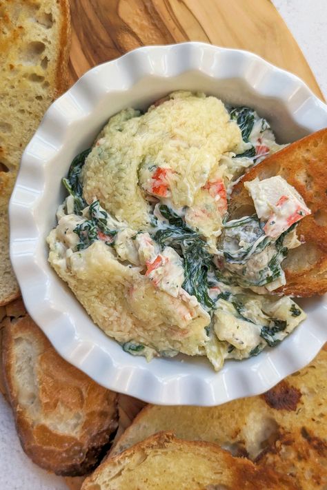 Prepare deliciously cheesy crab spinach dip with tender crab, spinach, and cheese for an easy make-ahead appetizer for entertaining or snacking. Spinach Crab Dip Recipe, Crab Spinach Dip, Healthy Spinach Dip, Easy Make Ahead Appetizers, Fall Favorites Recipes, Crab Bisque, Hot Crab Dip, Make Ahead Appetizers, Crab Dip