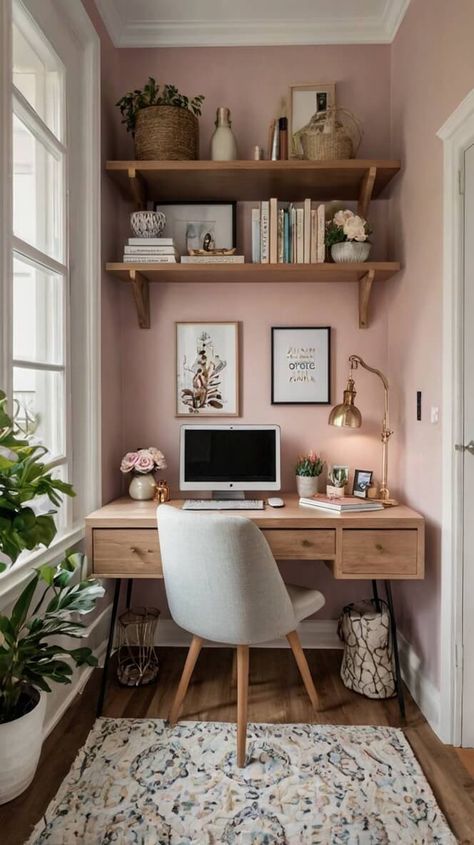 40 Feminine Small Home Office Ideas For Women Small Two Desk Office, Home Office Angled Walls, Home Office And Beauty Room, Small Office Corner In Bedroom, Apartment Office Ideas Small Living Room, Calming Home Office Colors, Tiny Office Space Ideas Workspaces, Home Office Alcove, Home Office Tiny Space