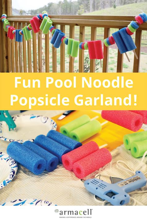 Create a pool noodle popsicle garland for a fun, summer decoration! Armacell's Pool Noodles are the first choice for crafters everywhere! #DIY #Summer #KidsCrafts #Pool #crafts Summer Pool Party Decorations Diy, Pool Noodle Popsicle Garland, Pool Noodle Popsicle, Pool Noodle Decorations, Pool Noodle Decor, Pool Noodle Garland, Pool Crafts, Pool Noodle Ideas, Popsicle Garland