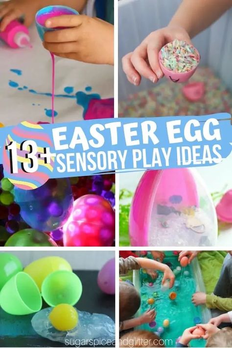 One of our favourite ways to celebrate holidays (or any theme) is Sensory Play! I especially love it when our sensory play is safe enough for toddlers but interesting enough for the older kids. These Easter Egg Sensory Play Ideas are perfect for mixed age groups and will provide hours of Easter-themed fun for your … Nursery Displays, Slime Science, Easter Science, Easter Sensory, Easter Egg Activities, Play Ideas For Kids, Sensory Play Ideas, Easter Play, Sensory Ideas