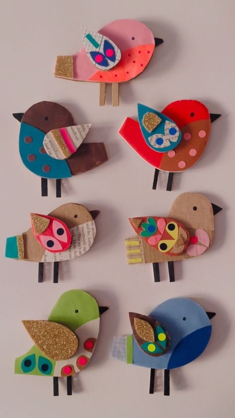 Friday birds! #cardcraft #cardboardart | Instagram Sally Payne Animals, Kids Crafts Birds, Robin Craft, Diy Fabric Bird, Collage Birds, Birds Robin, 2nd Grade Crafts, Sally Payne, Robin Art