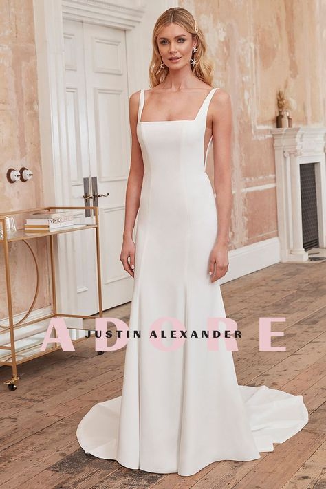 This demure crepe fit and flare wedding dress is cut to perfection with its refreshing square neckline, sultry deep-V illusion side cutouts and open square back. The princess seams down the front and back will elongate the body, making every bride look and feel taller. Crepe covered buttons flow beautifully to the end of the chapel length train. Square Neckline Wedding Dress, Square Neck Wedding Dress, Wedding Dresses Near Me, Plain Wedding Dress, Square Neckline Dress, Sincerity Bridal, Simple Wedding Gowns, Wedding Dresses Uk, Neck Wedding Dress