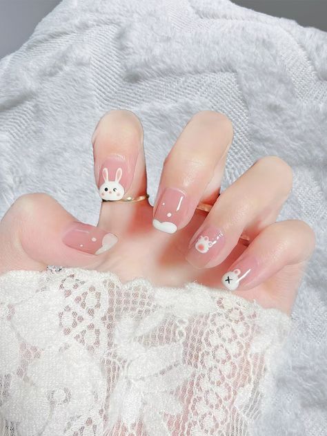 Cute Matte Nail Designs, Nails With Bunny Design, Nail Cartoon Design, Easter Nails For Kids, Nails Kids Cute, Nail Art Kids, Bunny On Nails, Nail Cartoon, Cute Nails For Kids