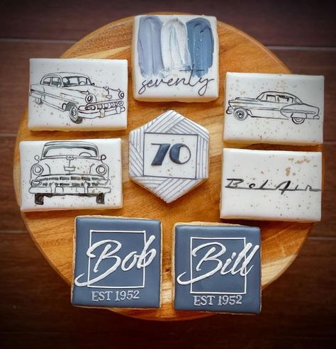 Cookies 70th Birthday, 70th Birthday Party Cookies, 80th Birthday Cookies For Men, 70th Birthday Cookies Decorated Men, 70 Cookies Birthday, 75 Birthday Cookies Decorated, 70th Birthday Cookies Decorated, 70th Birthday Cookies, Vintage Car Cookies