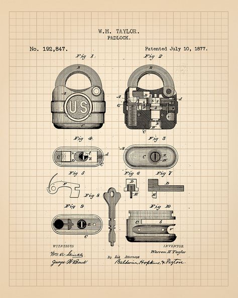 This Padlock Patent Prints 1875 & 1877 wall art is a perfect present for any locksmith or collector. It can be used as a hanging decor in the living room, bedroom, mancave, entryway, den, dorm or even in shop. ♥ THESE PRINTS COME TO YOU UNFRAMED This is a beautiful set of 2 poster in an 8 x 10 print is ready for you to frame and enjoy. You can easily find frames to fit at Department stores, Discount stores or Craft stores. ♥ EXPRESS YOURSELF RED HORSE DESIGNS offers a wide variety of creative, m Padlock Aesthetic, Lock Art, Inside Art, Red Horse, Collection Ideas, Department Stores, Key Lock, Horse Designs, Patent Prints