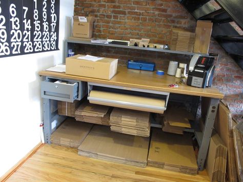 Large home packing station Shipping Station Set Up, Home Office Packing Station, Shipping Center Organization, Packaging Station Ideas, Reseller Room, Packing Station Ideas, Shipping Station Ideas, Ebay Organization, Packaging Station