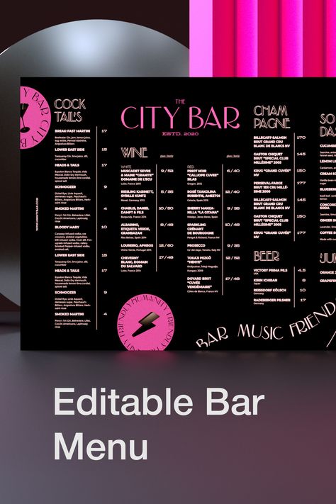 Modern menu for a bar, pub or party. Dynamic unique drinks menu in black and pink. Download psd menu template. Black Menu Design, Bar Menu Design Ideas, Menu Bar Design, Fun Menu Design, Drinks Menu Design, Bar Menu Design, Breakfast Martini, Unique Drinks, Drink Menu Design