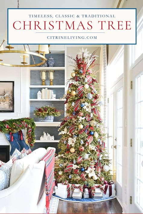 Traditional Christmas tree decorated with beautiful, classic red plaid ribbon and blue and white chinoiserie - elegant, chic and timeless! Red Green And Blue Christmas, Green And Blue Christmas, Chinoiserie Christmas Decor, Blue Christmas Trees, Summer Room Decor, Mantel Christmas, Timeless Christmas, Gift Guide Christmas, Christmas Tree Decorated