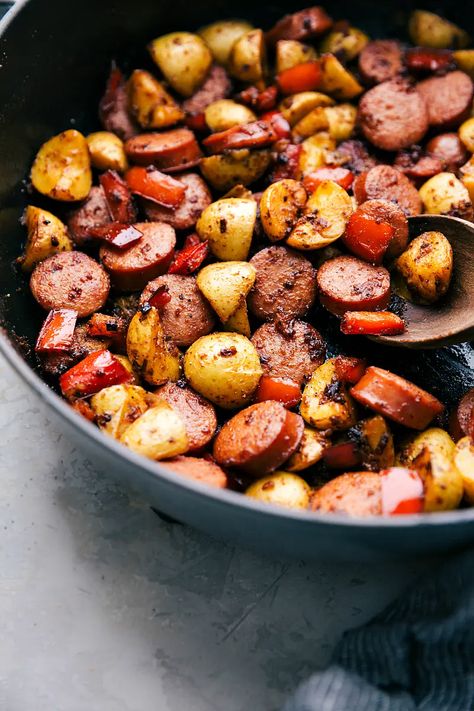 Sausage and Potatoes Skillet Meal | Chelsea's Messy Apron Ground Sausage And Potatoes, Potato Skillet Dinner, Sausage Skillet Recipe, Sausage And Potatoes Skillet, Summer Sausage Recipes, Pregnancy Meals, Potatoes Skillet, Fries Recipes, Sausage And Potatoes