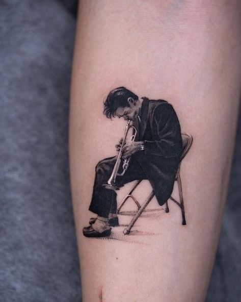 Trumpet Tattoo, Baker Tattoo, Sheet Music Tattoo, Piano Tattoo, Jazz Trumpet, Traditional Tattoo Inspiration, Chet Baker, Trumpet Player, Work Pictures