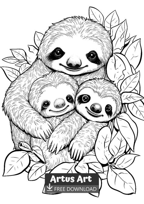 Cute Sloths Coloring Page For Kids - Free PDF Download Coloring Page. #slothscoloringpage #cuteslothscoloringpageforkids #sloths Sloth Coloring Pages Free Printable, Sloth Coloring Pages, Cute Sloths, Jesus Coloring Pages, Adult Coloring Books Printables, Sloth Art, Vbs Themes, Fairy Coloring Pages, Fairy Coloring