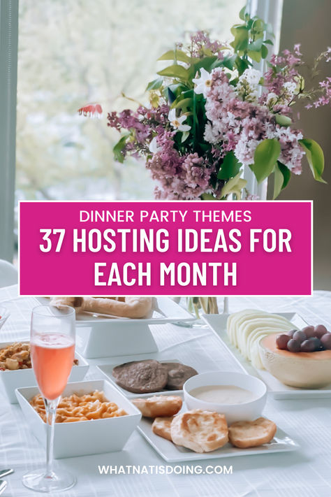 Explore monthly themed dinner parties to enhance your hosting game throughout the year. Whether a cozy New Year's Day brunch or a creative cookie exchange in December, these ideas infuse fun and intention into gatherings with friends. Scale back for cocktails, or fully embrace themes with menus, decorations, and activities. Hosting not only brings joy but creates cherished memories and traditions. Hosting ideas, hosting themes, dinner party themes Brunch For Friends Ideas, Fun Party Themes For Adults Creative, Host Game Night Ideas, Monthly Friends Dinner, Family Dinner Theme Night Ideas, New Years Dinner Party Ideas, Girlfriend Dinner Party Ideas, Monthly Party Themes, Themed Dinner Party Ideas Creative